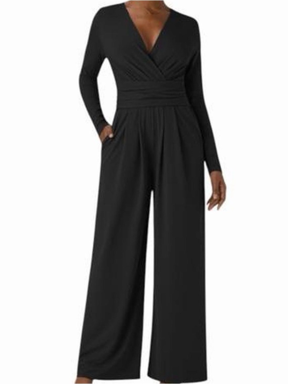 HALARA Black Long-Sleeve Wrap Jumpsuit with Wide Legs